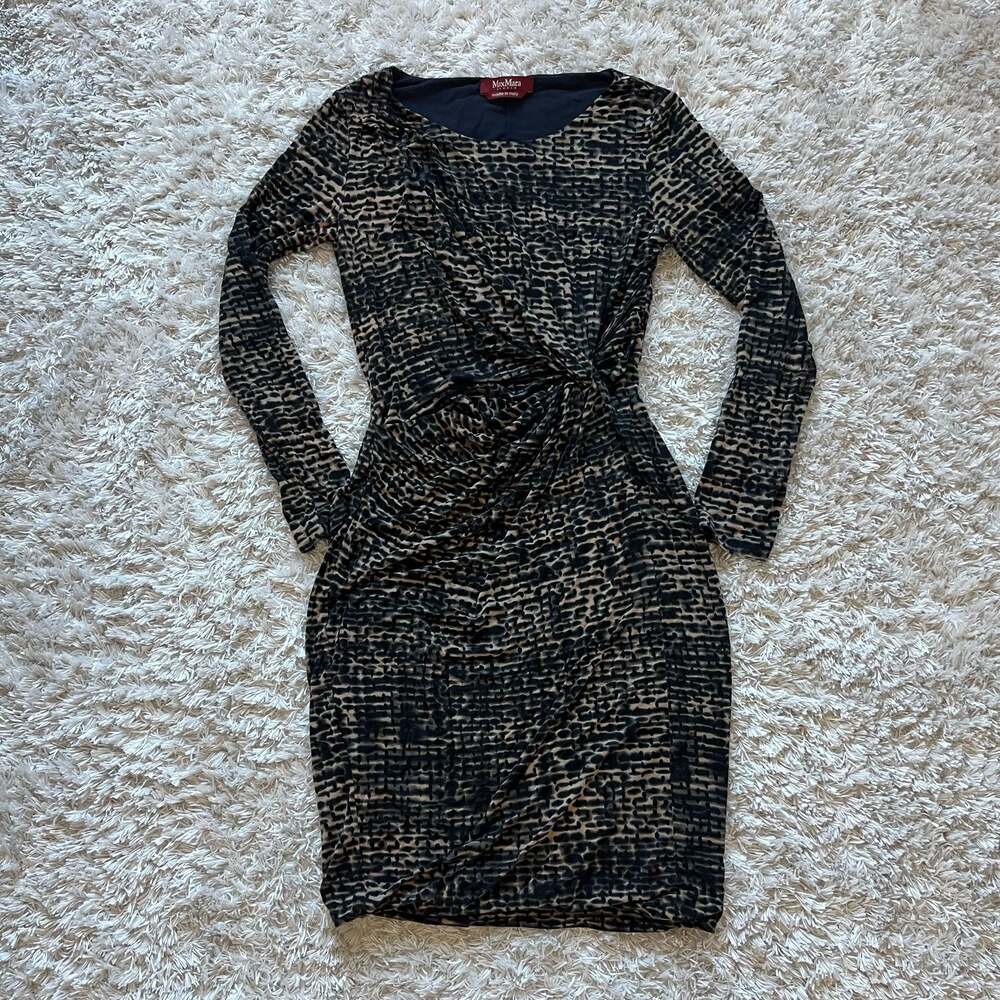 MaxMara Studio Long Sleeve Ruched Leopard Print Large Jersey Dress Made in Italy